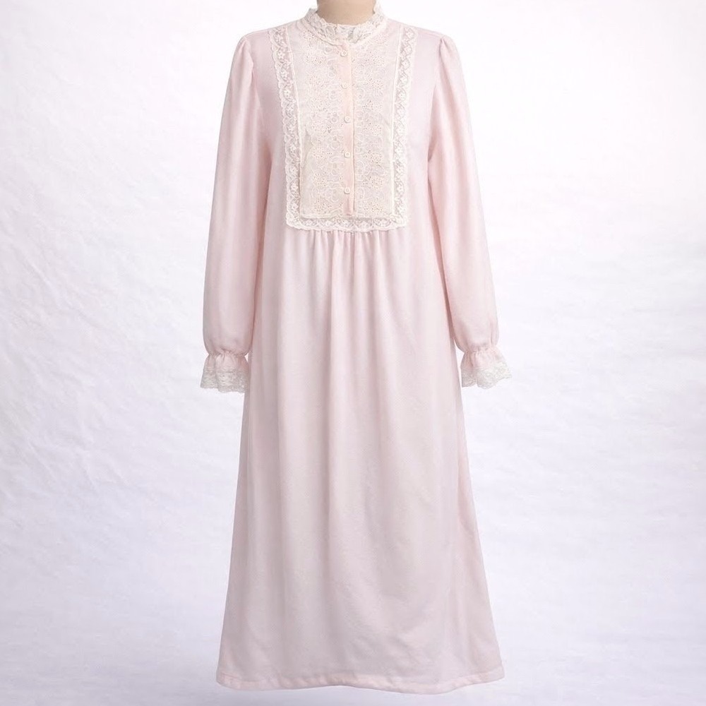 Vintage 80s‎ Victorian Lace Maxi Nightgown Sz M Pink Fleece Cottagecore Regency